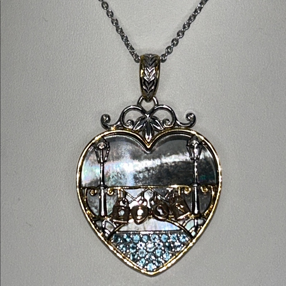 NWT Genuine Multi Gemstone Padlocks MOP Over Heart Statement Pendant Necklace